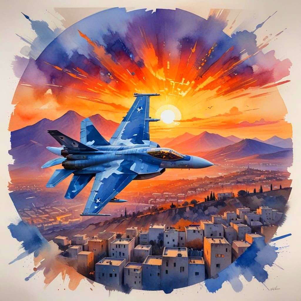 Israeli Fighter Jet at Sunset, Watercolor Style