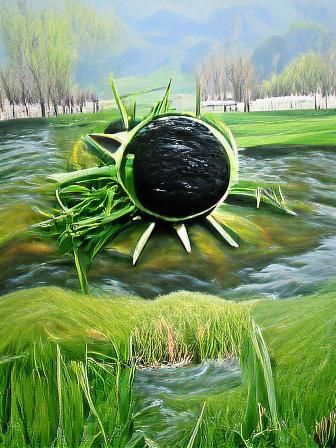 Black sun, a river, green grass hyperrealism impressionism
