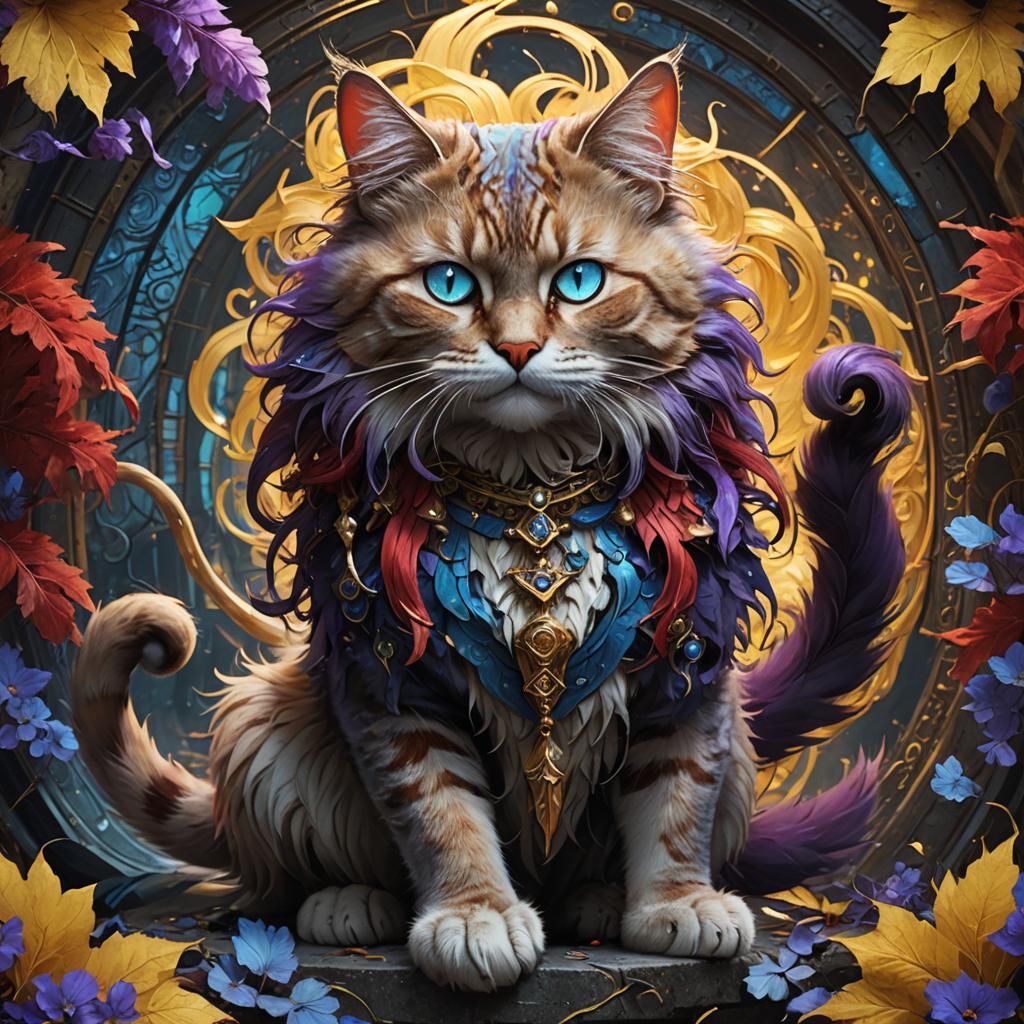 A cat with five tails and blue eyes and red fur