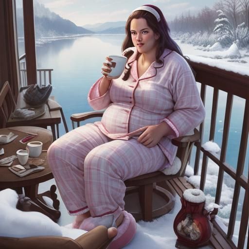 Watercolour of woman wearing traditional men's pyjamas and fluffy slippers, sipping steaming coffee, ...  by @Len H