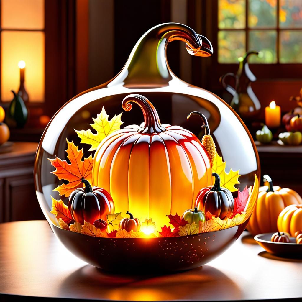 Glowing Thanksgiving Carvings in Glass Gourd