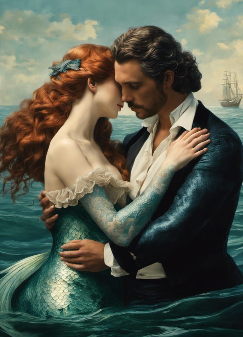 Beautiful young Victorian Mermaid embracing a human man in t...