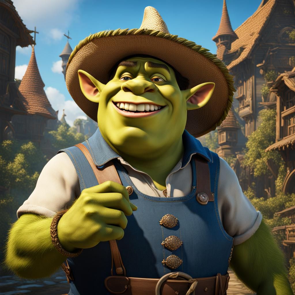 A buck-toothed Shrek with a straw hat and blue overalls