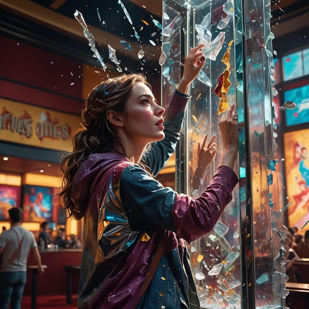 Inside a movie theater, a girl breaks a glass column