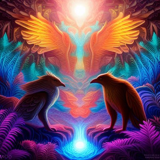 Eagle and Wolf in Forest: Visionary Mixed Media