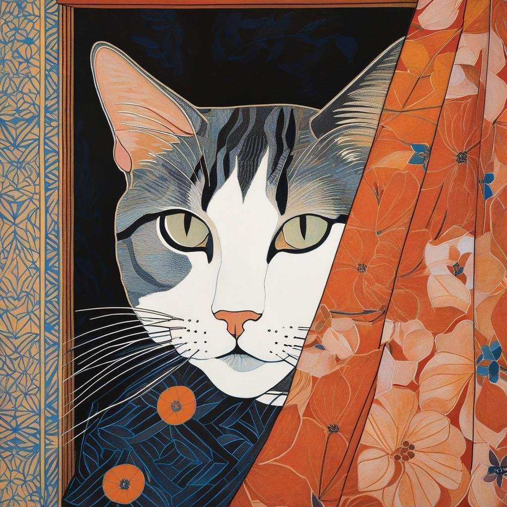 A cat hiding behind a curtain.