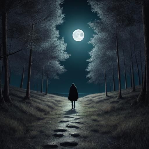 Alone and walking in the moonlight, after midnight, along a long shore, woods on th opposite side, best quality 