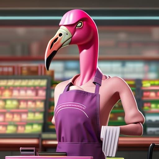 Anthropomorphic Flamingo as a supermarket cashier wearing an...