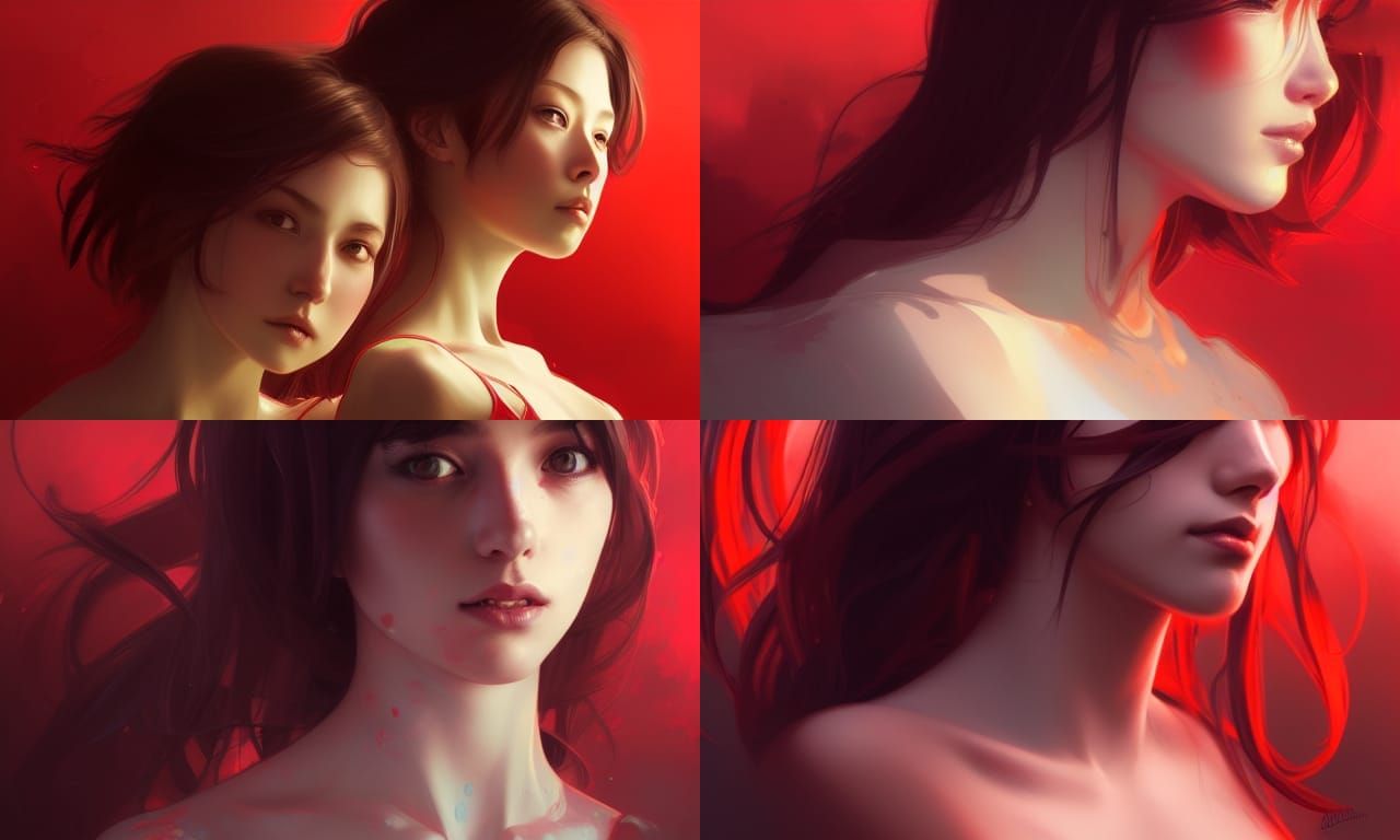 Love, 2 girls, red read, waifu head and shoulders portrait, ...