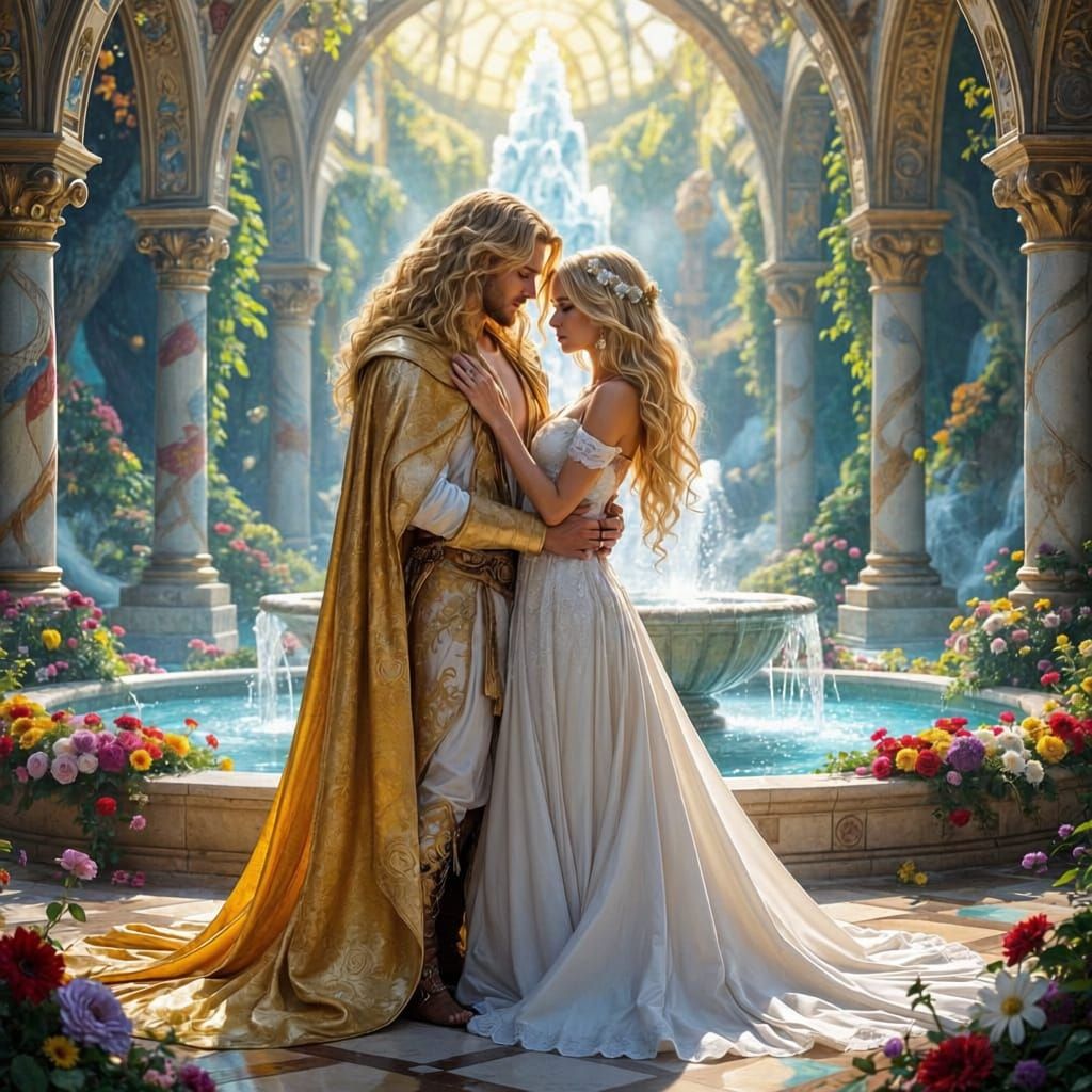 a handsome blond man with long curly hair in a golden cloak is hugging a beautiful blond woman with long curly hair in a white dress, they a...