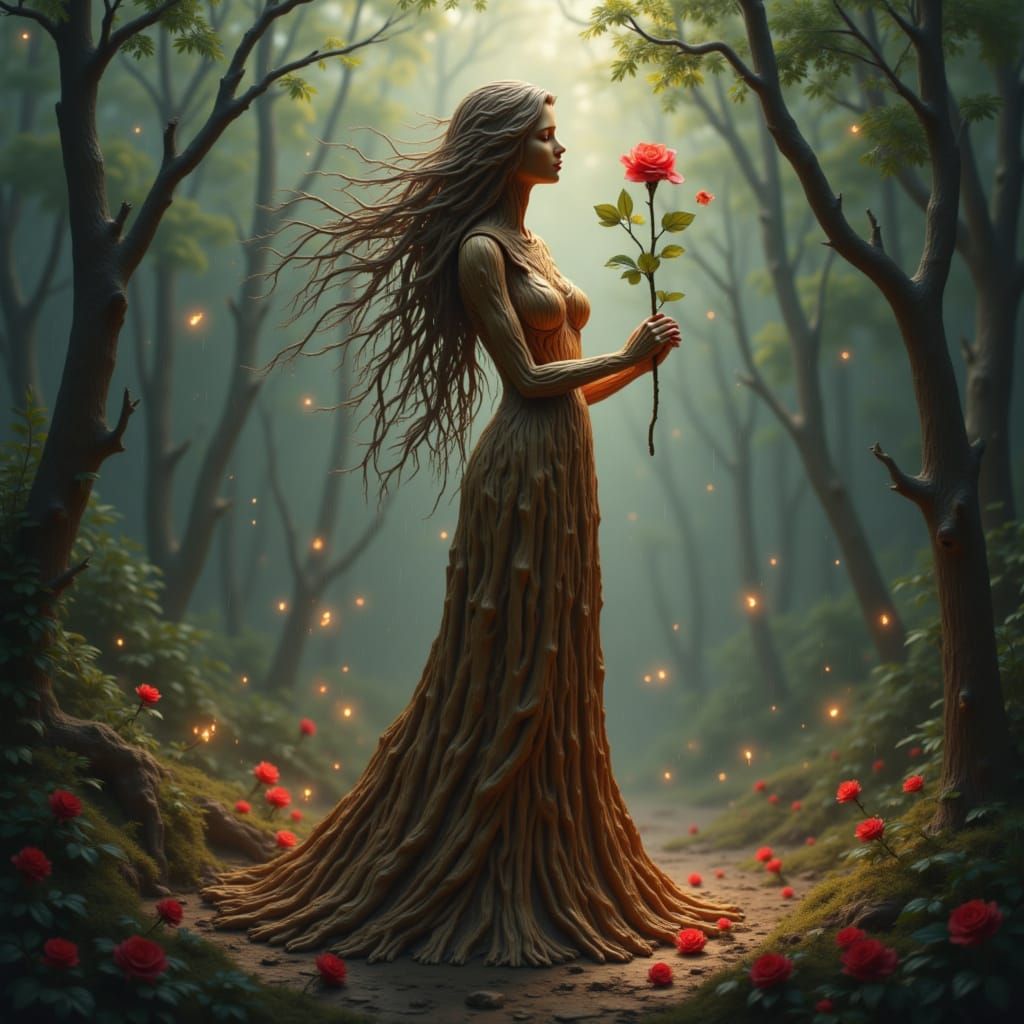 I maiden made of wood, dressing a wood gown, smelling some red rose made of wood, rounded by rain wind lightnings fire and fog. <lora:The Wo...
