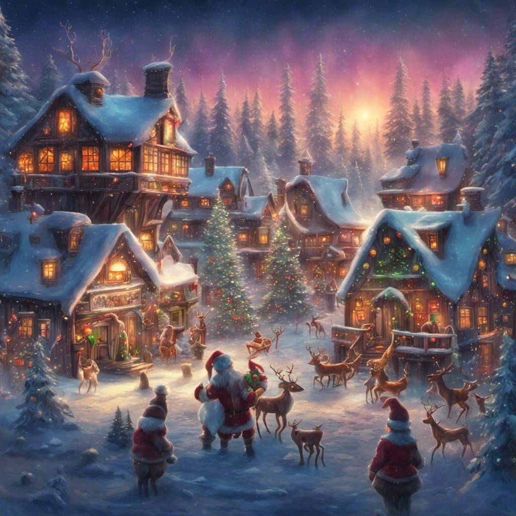 Santa workshop village at the north pole. Aurora borealis christmas ...