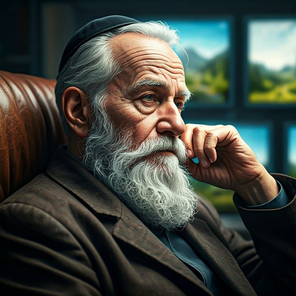 Contemplative Man in Armchair with Digital Landscapes