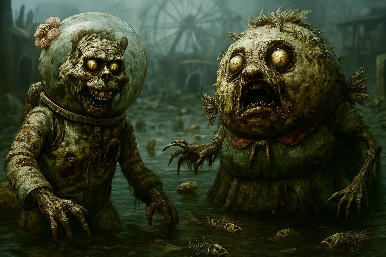 Zombie Outbreak in Bikini Bottom: Sandy Cheeks and Mrs. Puff in search of brains  by @Triangulus