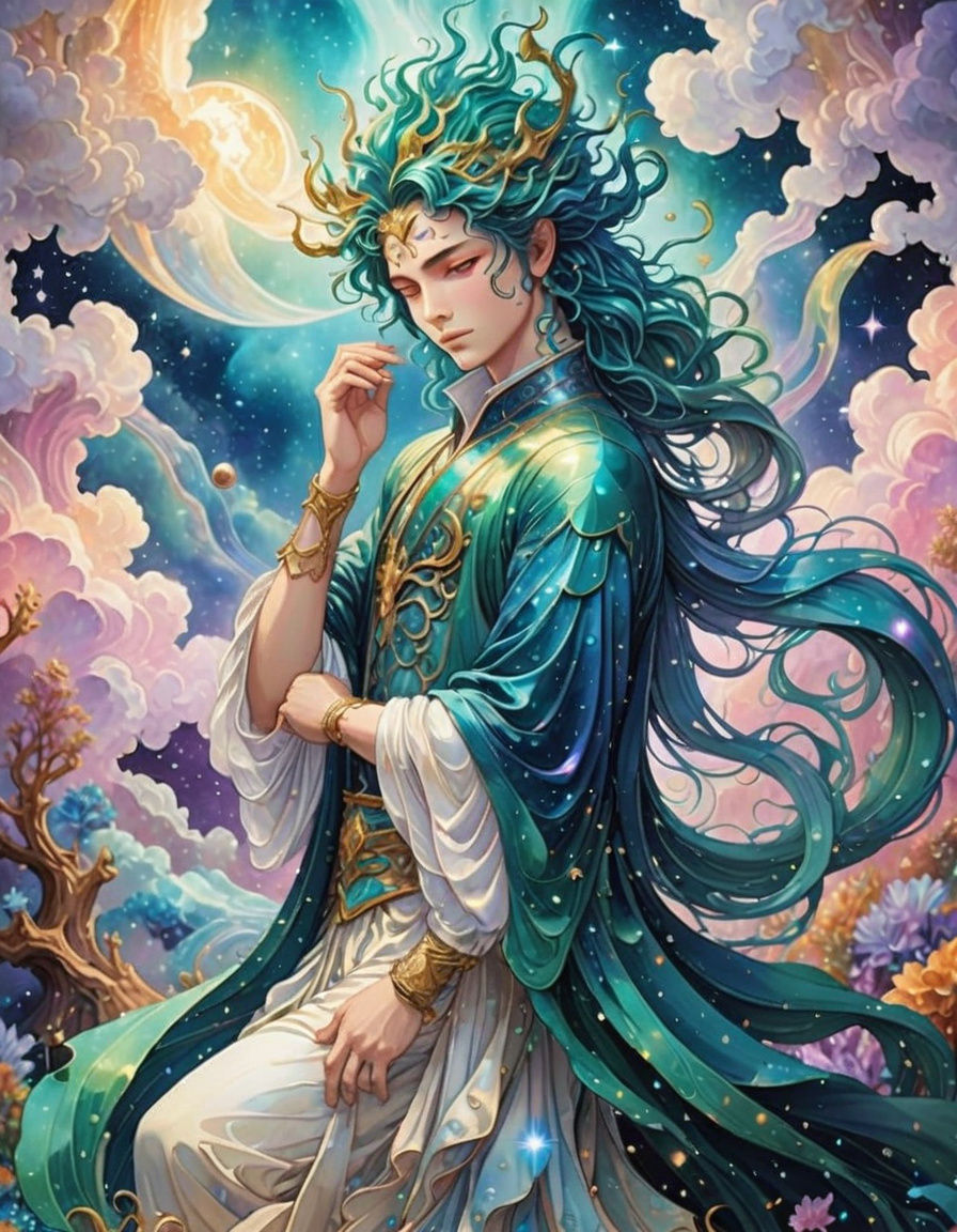 Cosmic manga portrait painting of a merman with blue-greenish scaled skin, a contented, warm-hearted facial expression and long hair whose s...