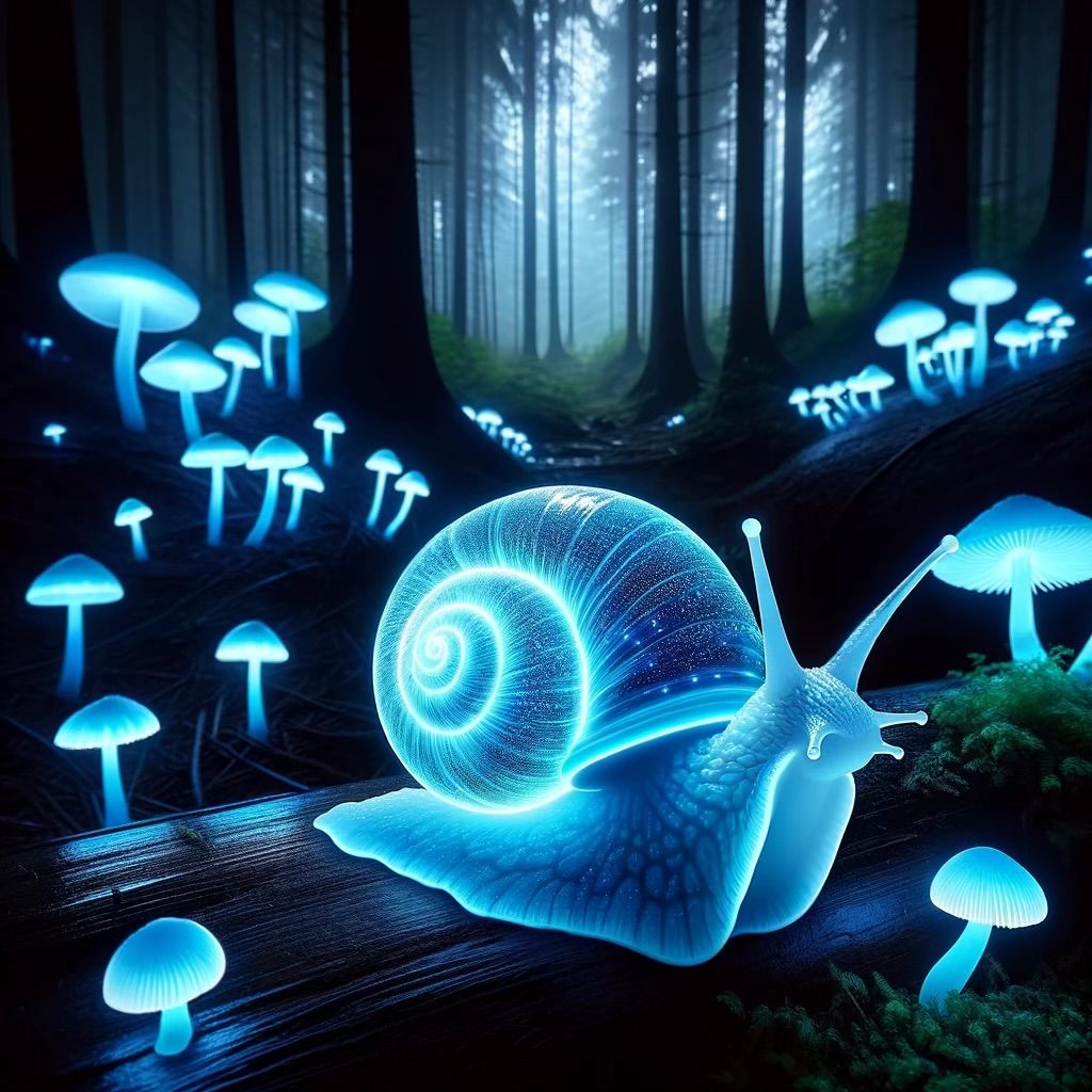 Glowing snail and glowing mushrooms