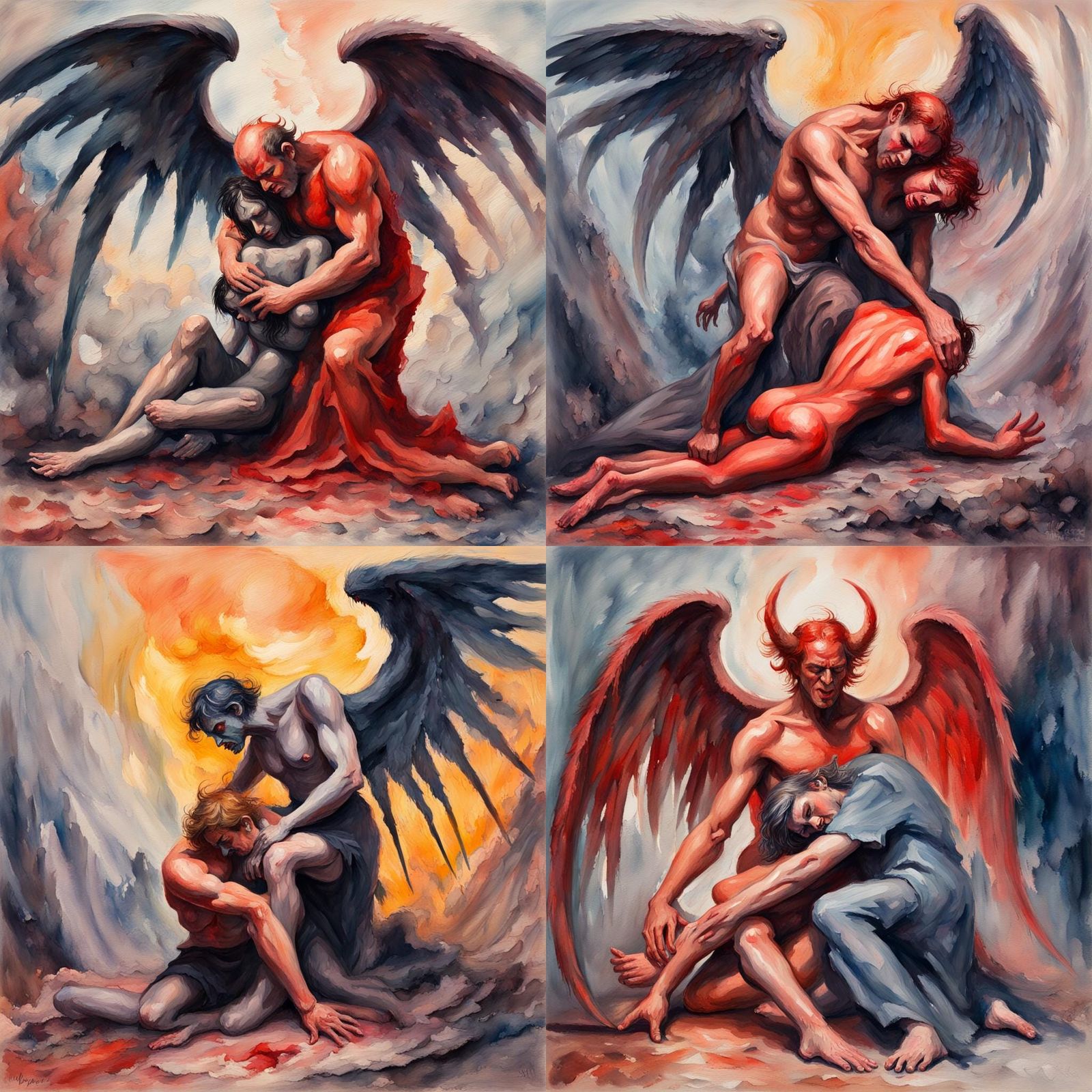 A demon holding a fallen angel