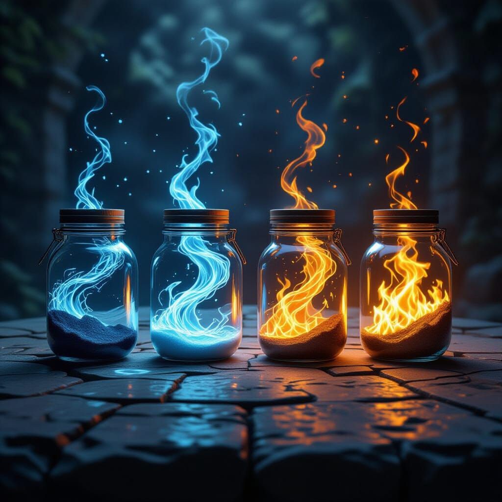 Four Elements Trapped in Jars, Ultra-Realistic Enchanted Sty...