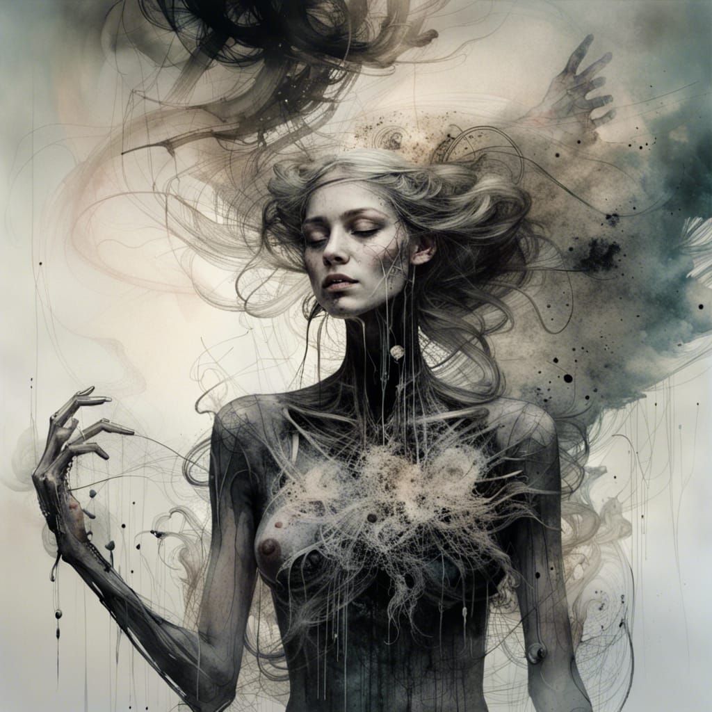 Floating liquid ink ghouls, animal skeletons, holding heads,...