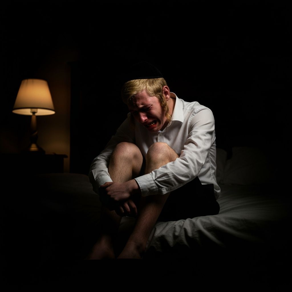 Hasidic Man Crying on Bed in Dramatic Light