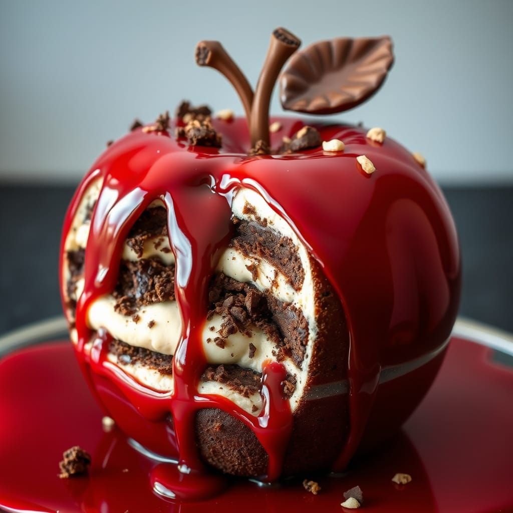 A realistic apple crafted from layers of chocolate cake, gooey brownie chunks, and creamy cheesecake. ...  by @Hari gamer