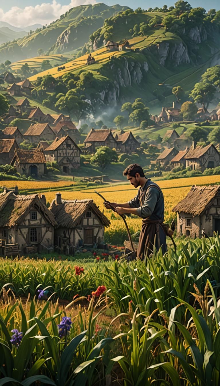 A beautiful village scene with a young man working in his fi...