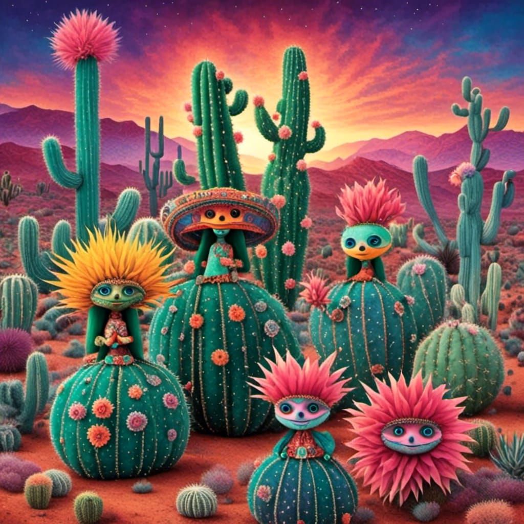 Colorful Cactus People in a Surreal Desert Landscape