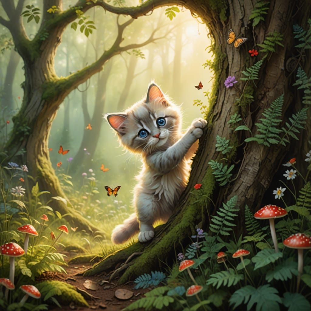 Whimsical Forest Scene with Ragdoll Kitten and Butterfly
