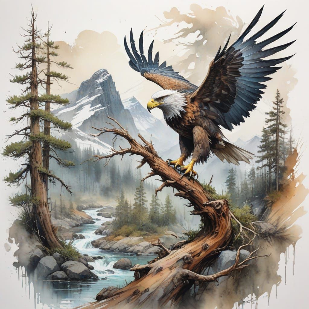 A rugged mountain stream with a majestic eagle regally perched on a gnarled pine branch, combining the ...  by @Mari
