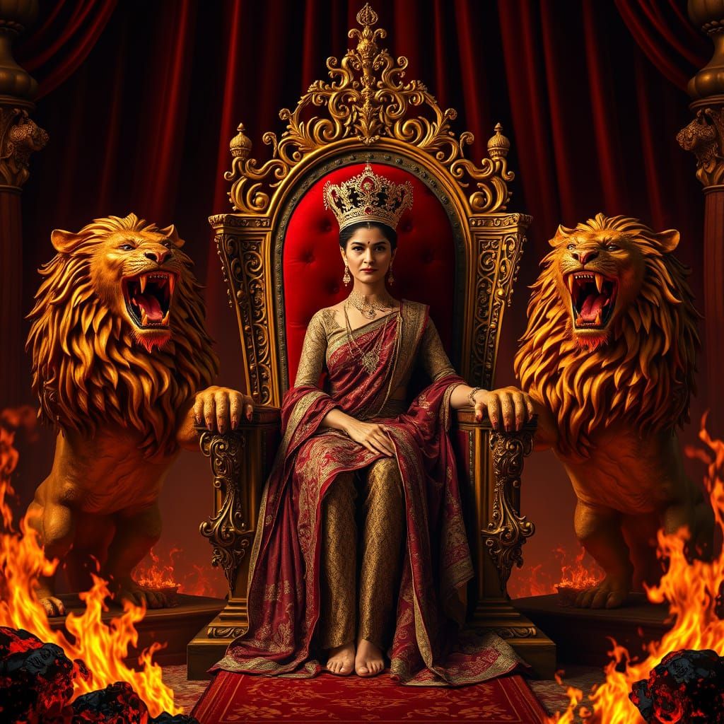 Regal Queen Amidst Lava Lions in Golden Baroque Style
