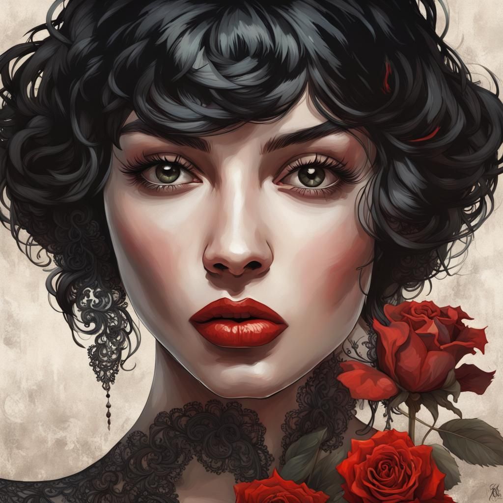 Mysterious Lady with Rose, Art Nouveau Portrait