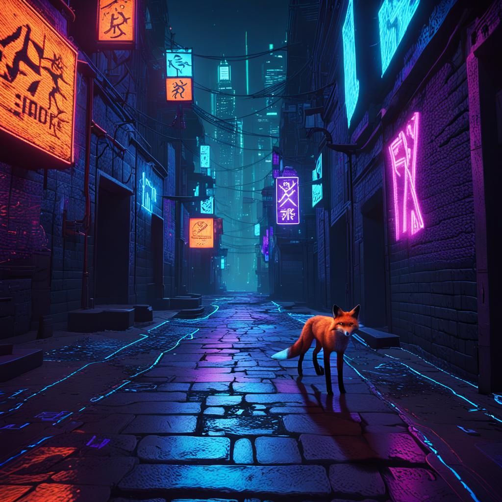 A sleek fox with glowing runic veins etched into its fur pro...