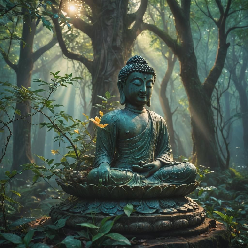 Mystical Forest: Buddha and Subhuti in Emerald Light