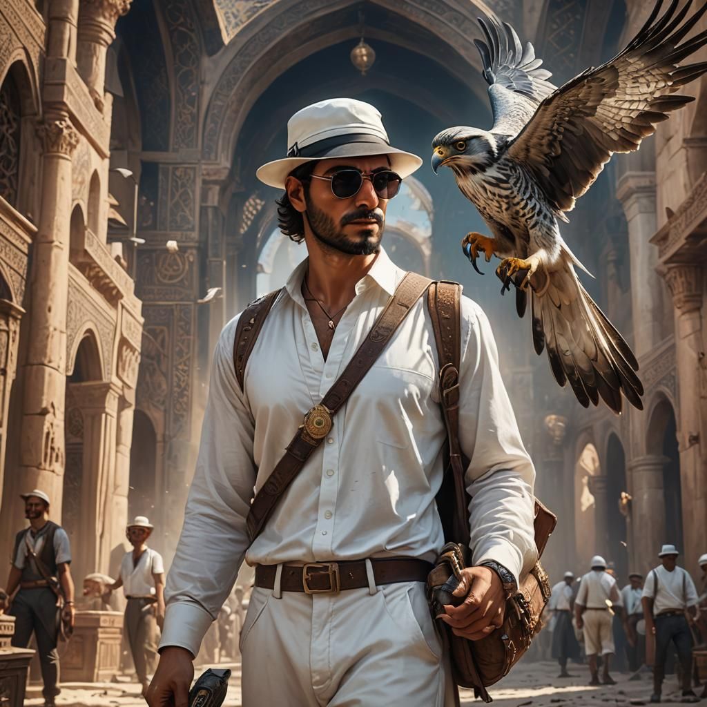 a man holding a bird of prey in his hand and wearing a white...