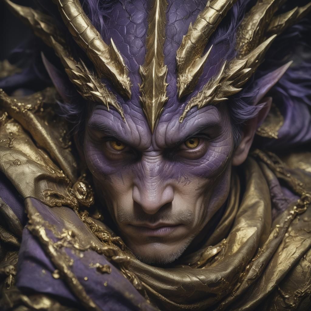 the purple elegant dragon, who loves gold, is lying impressi...