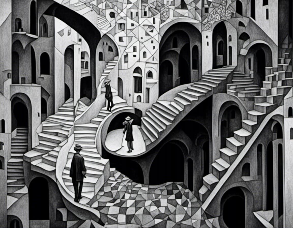 M. C. Escher Escher Escher Escher and klimt Abstract geometric black and white stipple cross hatch shades of gray zentangle  golden ratio ru...