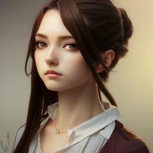 Anime style young woman, long hair, shy, wearing cute blouse and pleated  mini skirt, big brown eyes - AI Generated Artwork - NightCafe Creator