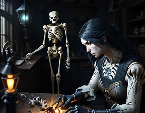 a female furry skeleton repairing a femur at a workbench. a ...