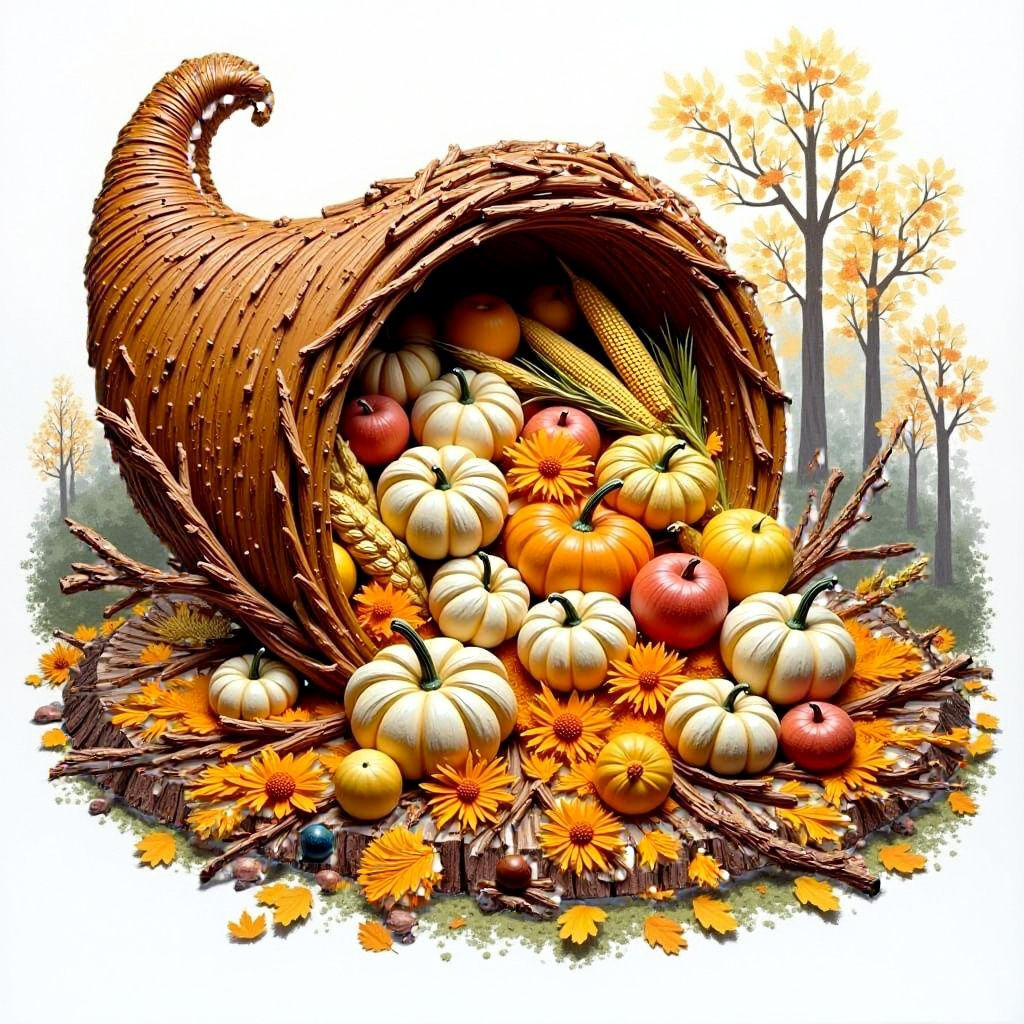 A large cornucopia spilling out food made from woven branches sitting on a tree stump in the middle of the tree rings. Pumpkins, corn, apple...