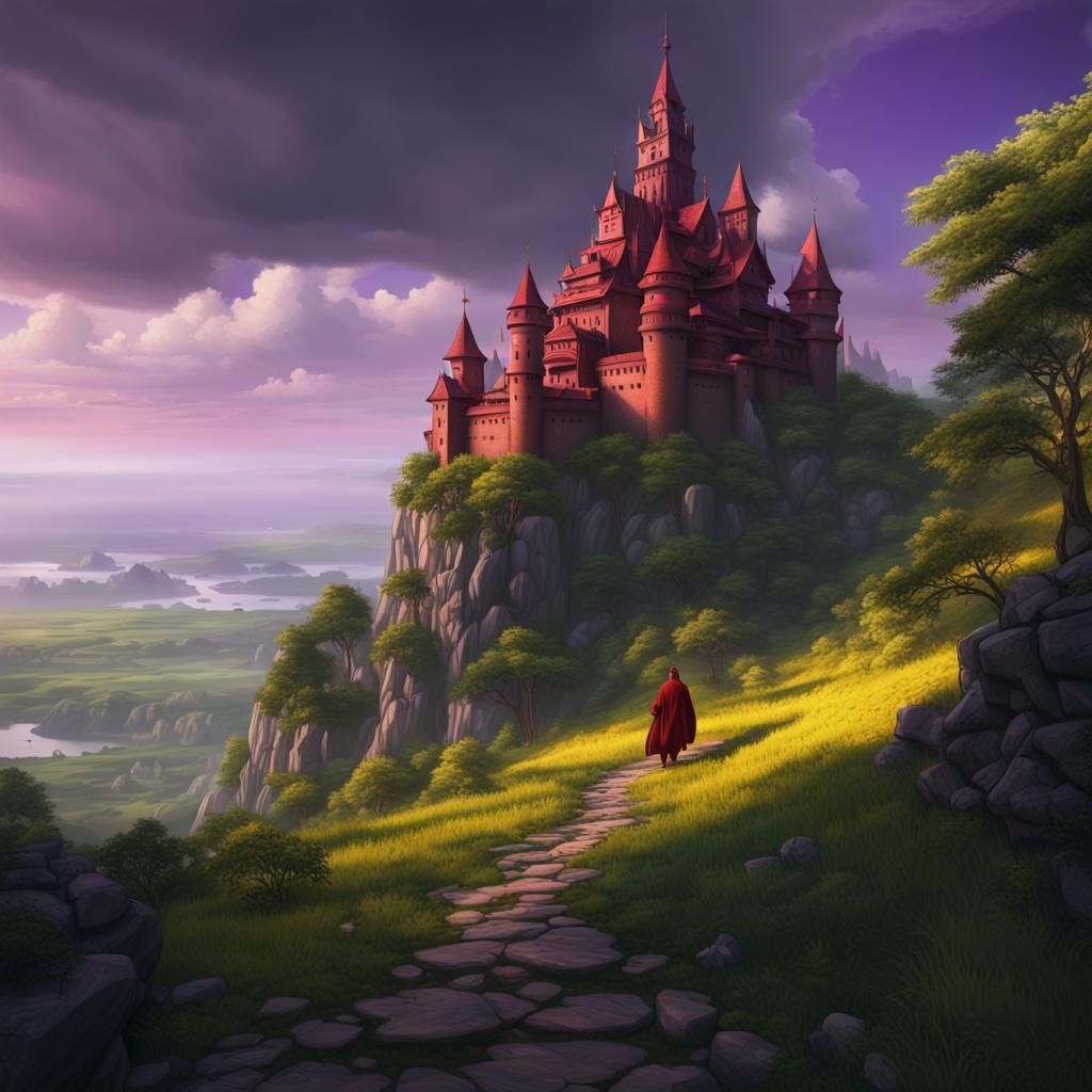 A monks journey up towards a pristine red castle around a sea of green ...