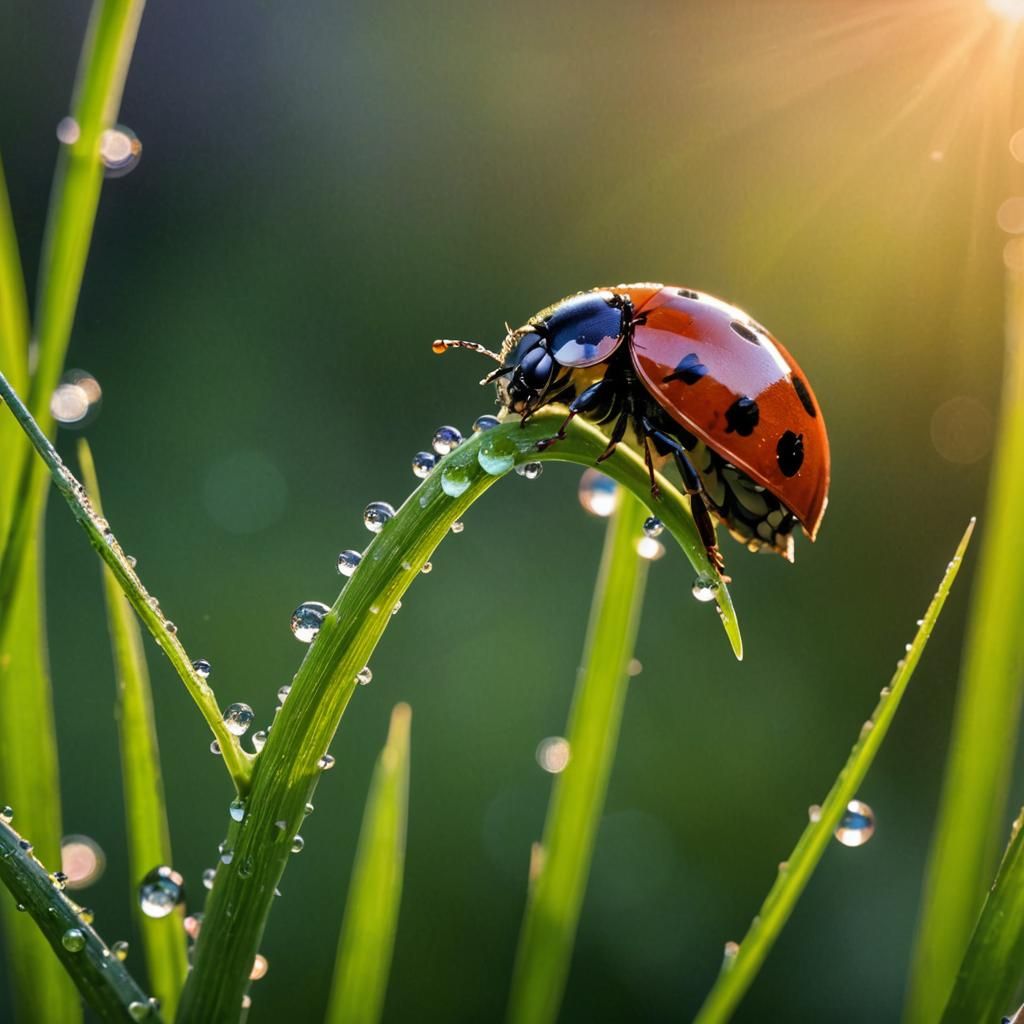 Dawn's Delight: Ladybug Sips Dew at Sunrise  by @Sherkhal