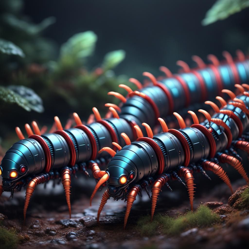 Anodized robotic centipede marching, Macro, HD, High detail - AI ...