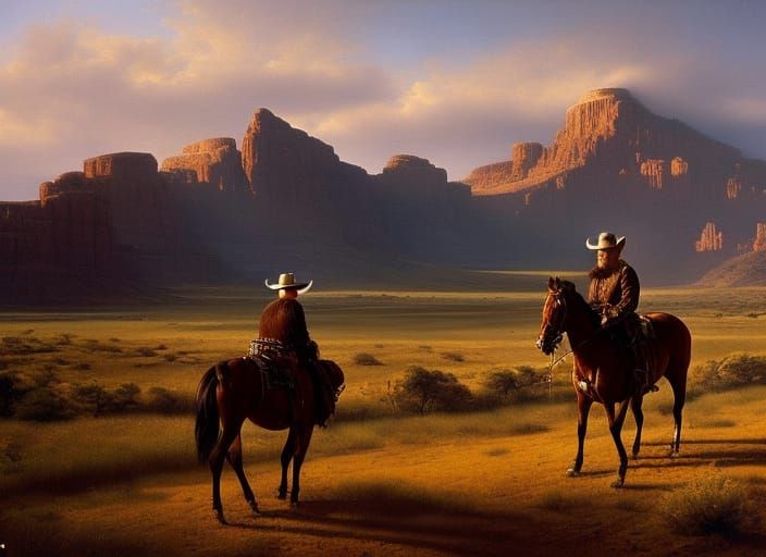 Jeff Bridges as Rooster Cogburn bright color portrait standing on the landscape by Odd Nerdrum & Homer Winslow & Grant W...