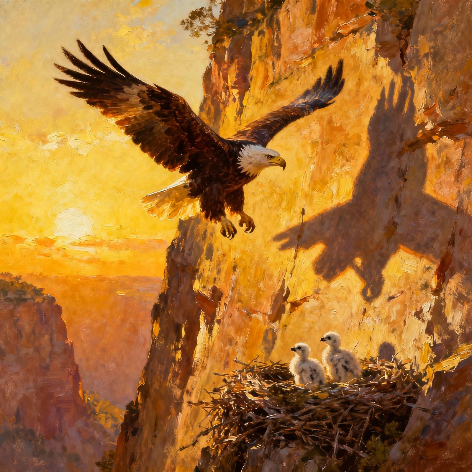 Majestic Eagle Soars Over Nest in Golden Hour Light
