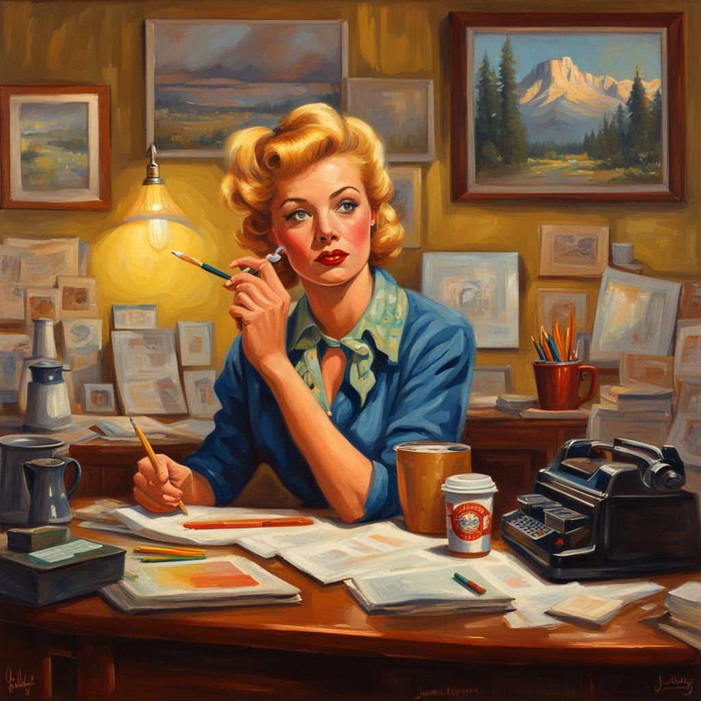 a retro pinup girl with pencil crayons in her hair, coffee i...