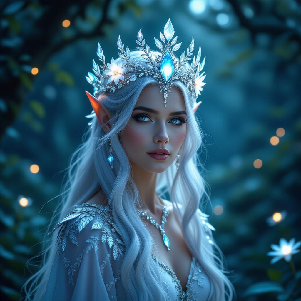 1. Для эльфийской королевы:

text
A majestic elven crown made of living silver and glowing moonstones, ...  by @InKa