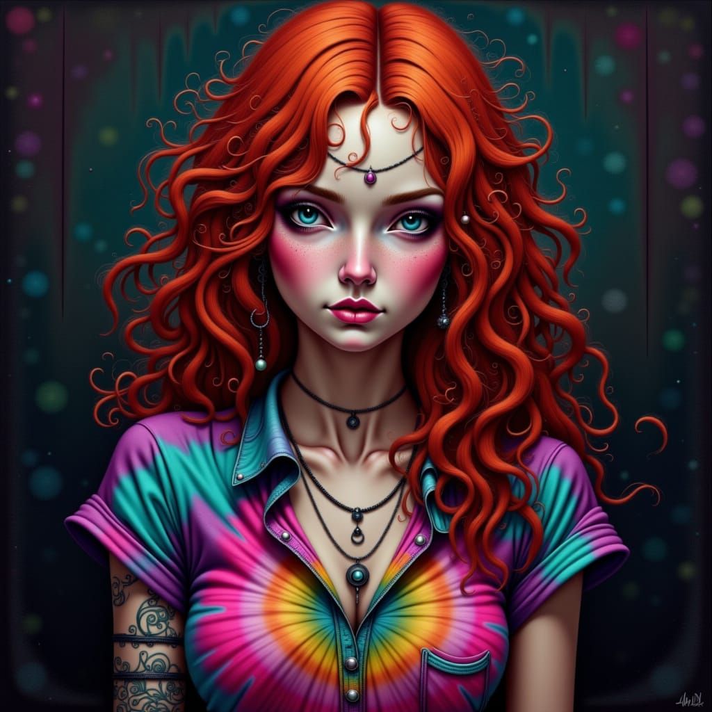 Irish woman with curly copper hair, wearing a vibrant tie-dyed shirt, set against a dark, gritty backdrop, in a fusion of neon grunge style,...