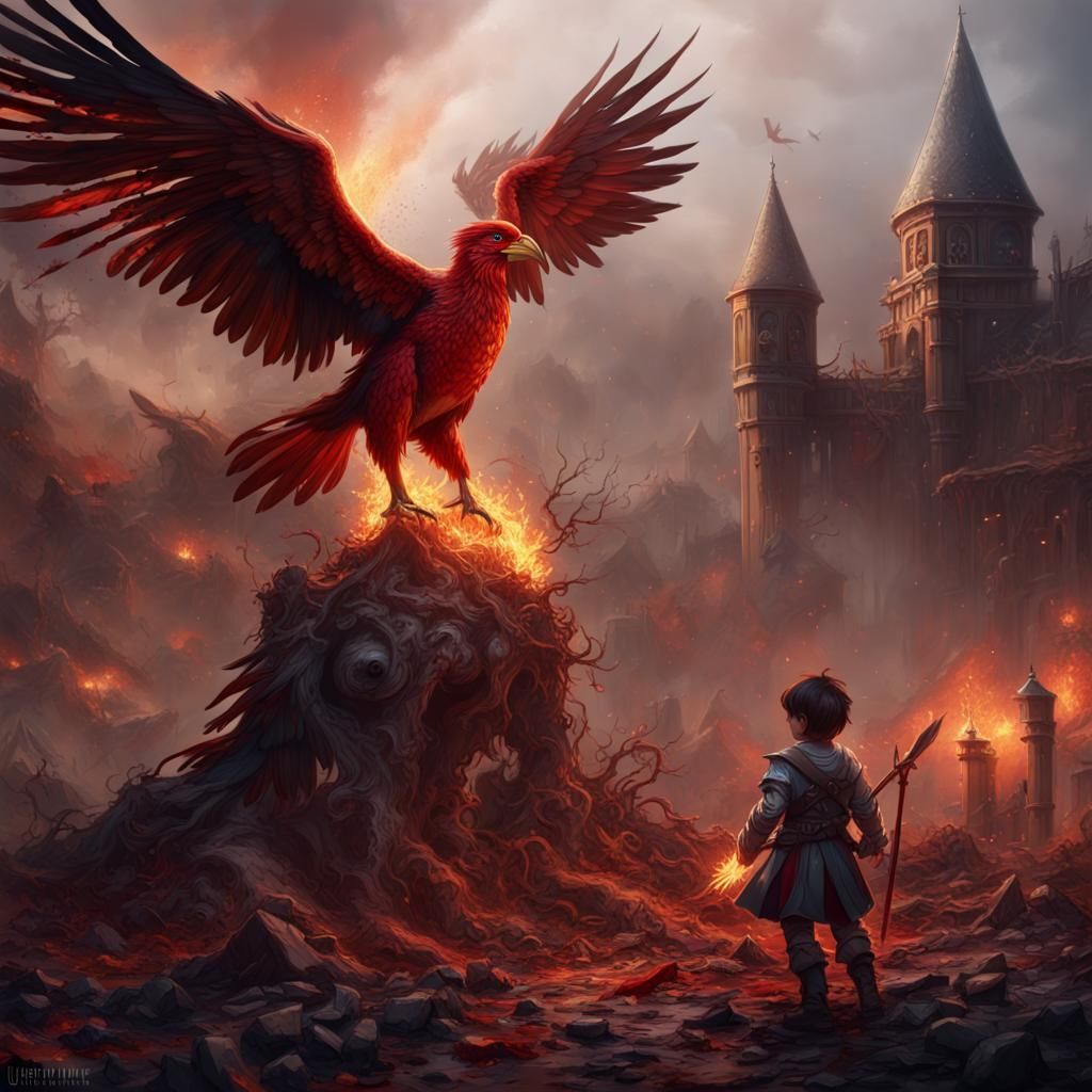 bloody war, with a fire bird protecting a little kid