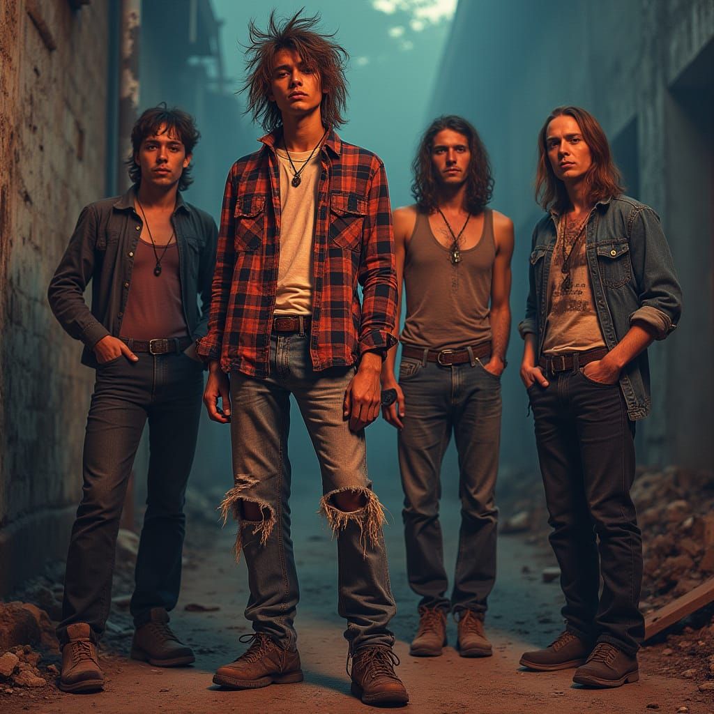 Hyper realistic image of a 1990s all male grunge 
band with four members. The lead singer is very colourful and in front...