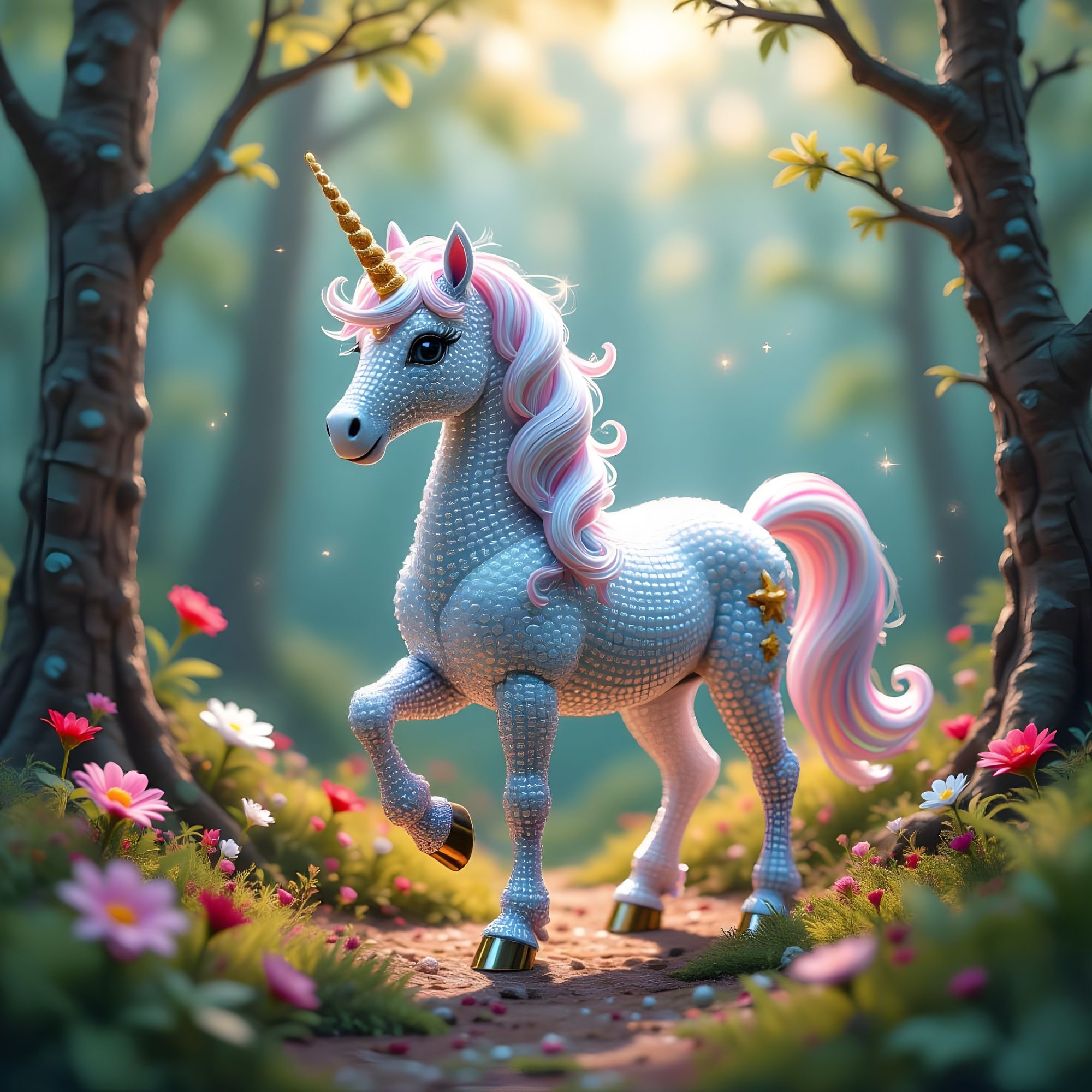 Little beads form a sparkling unicorn in a forest made up entirely of beads. 